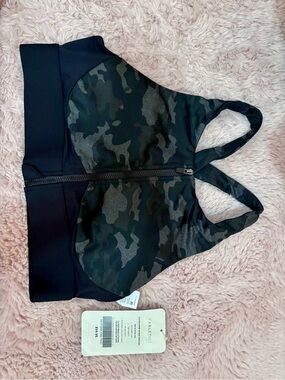 Fabletics Black Camo Zip-Front Crop Sports Bra